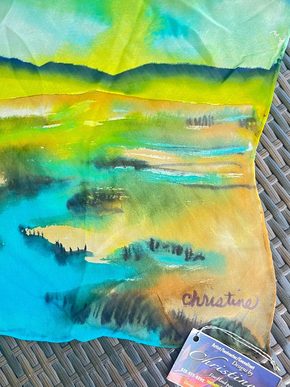 Handpainted Silk Scarf by Christine Mariotti - Turquoise, Lime & Gold Landscape
